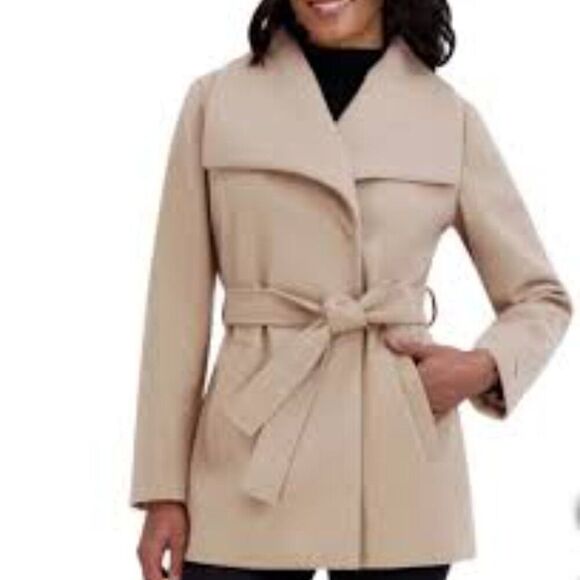 Tahari Faux Wool Wrap Belted Coat Cream Water Resistant Size XS - Picture 1 of 6